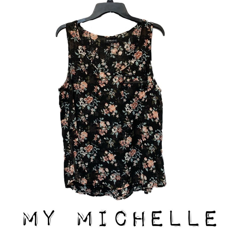My Michelle Women’ sleeveless hi-lo top Blouse sz xL Floral Zipper Sides Layered - Picture 2 of 11